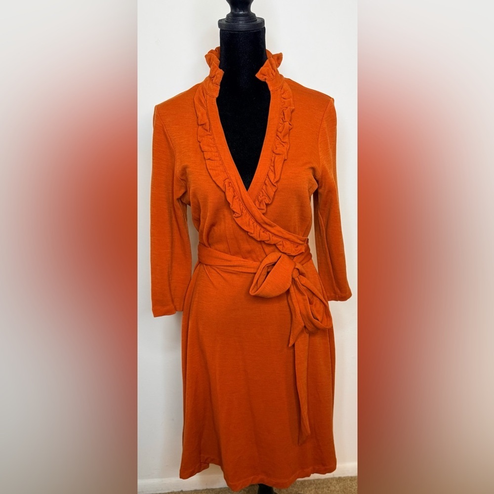 Banana Republic Wool blend faux wrap dress ruffle V Neck midi burnt orange med P